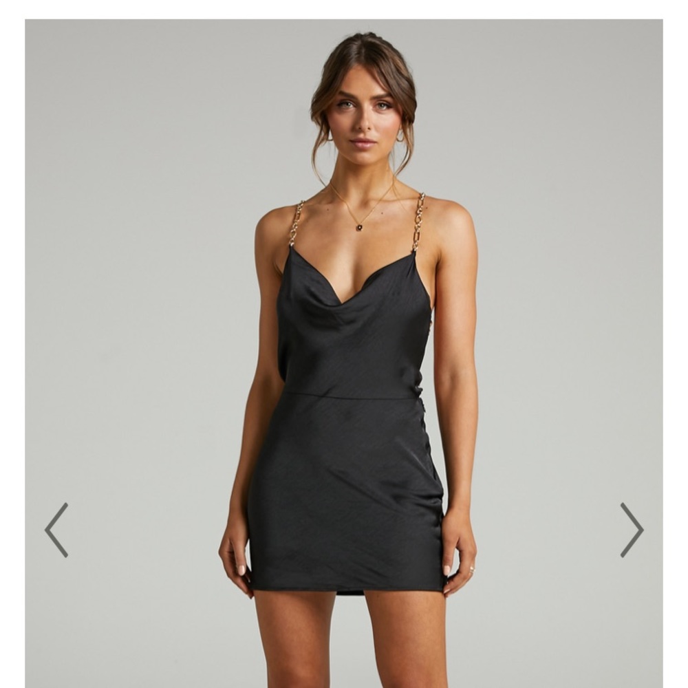 Showpo black dress with chain back.